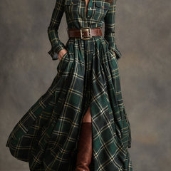 Belted Button-Front Long-Sleeve Maxi Shirt Dress for Women