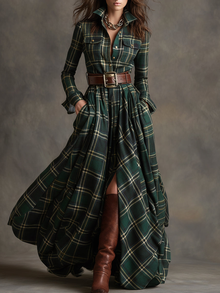 Belted Button-Front Long-Sleeve Maxi Shirt Dress for Women
