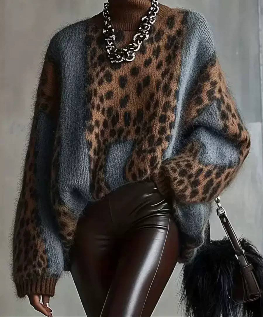 Leopard Colour-Block Turtleneck