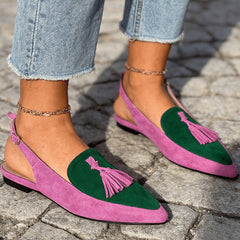 Slingback Mules with Tassels in pink and green