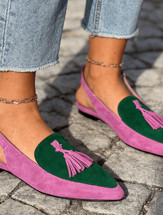 Slingback Mules with Tassels in pink and green