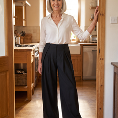 Vera pleated wide leg trousers in black, worn with a white blouse