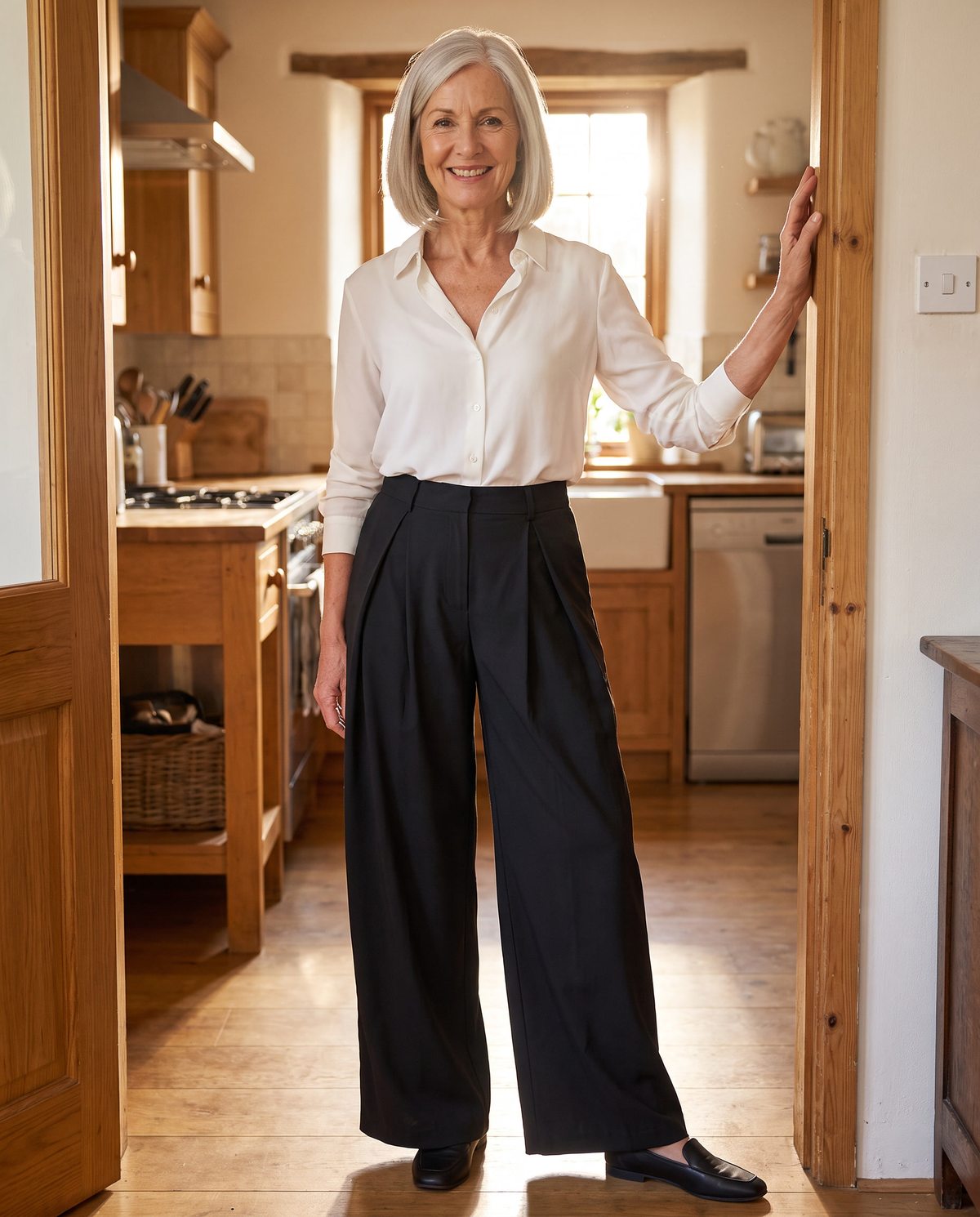 Vera pleated wide leg trousers in black, worn with a white blouse