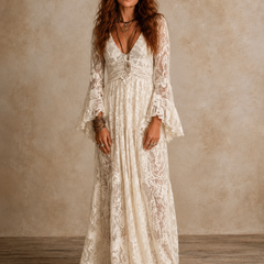 Vintage silhouette maxi dress with deep V neckline and flared sleeves