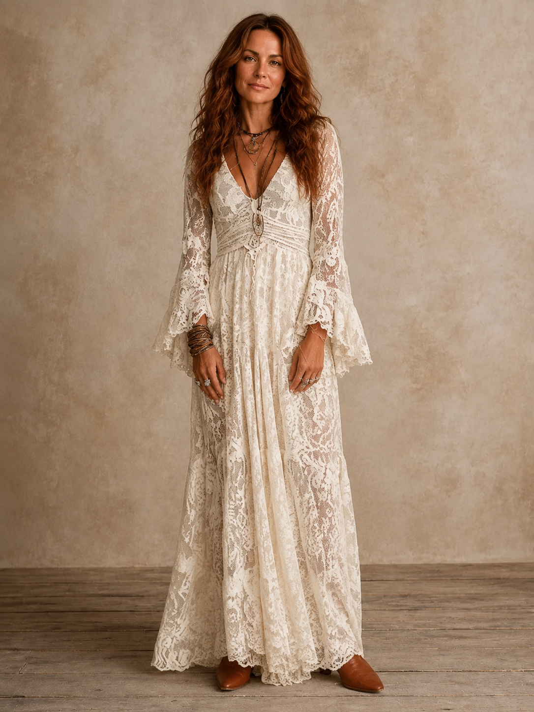 Vintage silhouette maxi dress with deep V neckline and flared sleeves