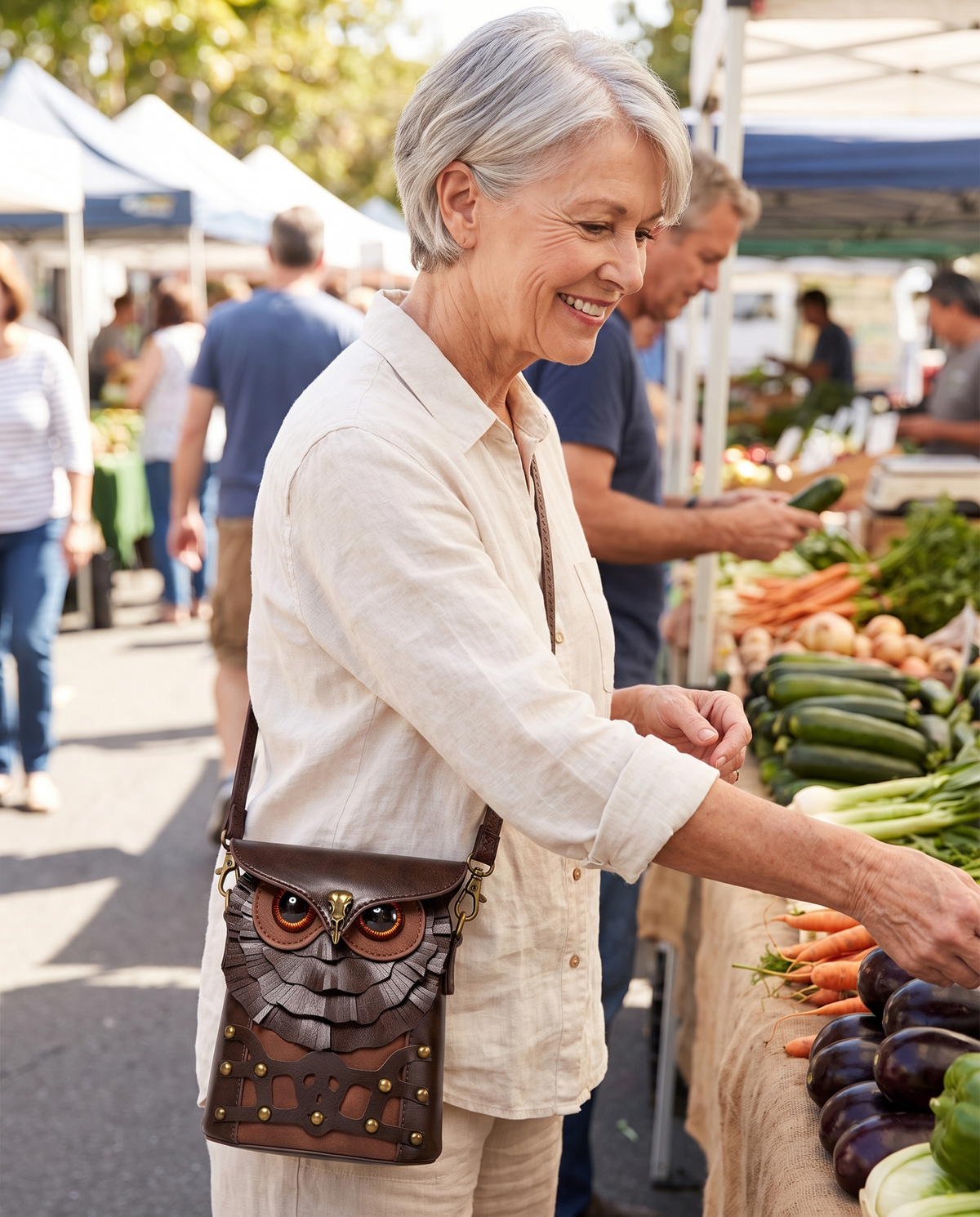 Orso owl bag worn crossbody at the market