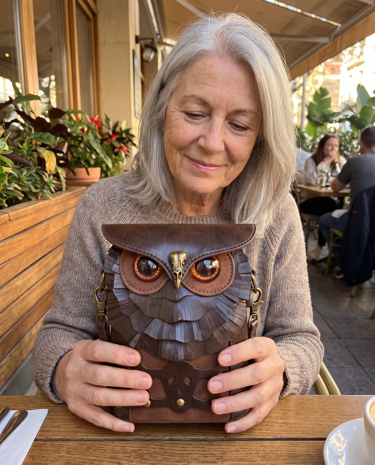 Orso owl bag held in both hands