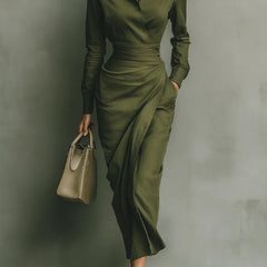 Collared Button-Front Draped-Waist Midi Dress for Women