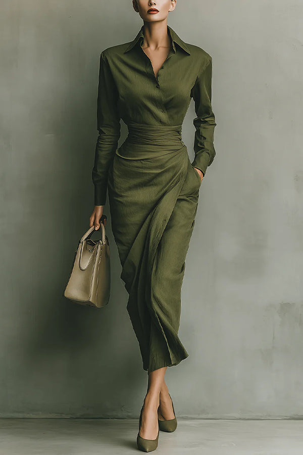Collared Button-Front Draped-Waist Midi Dress for Women