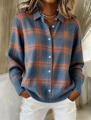 Plaid knit button cardigan in blue