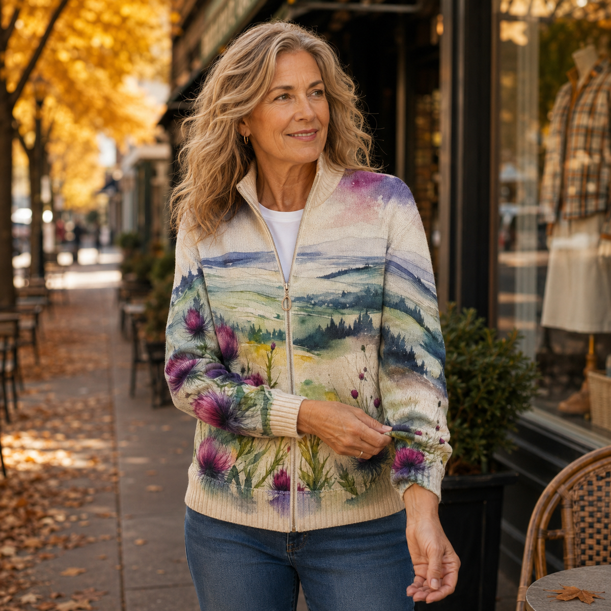 Scottish Thistle Landscape Zip Cardigan