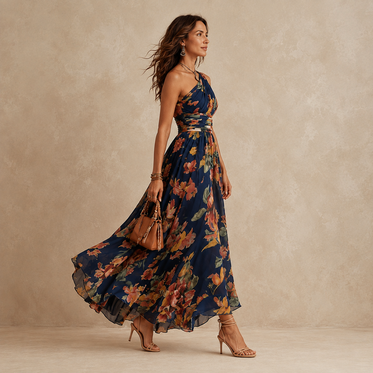 One-shoulder floral maxi dress shown on a hanger