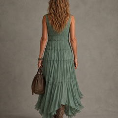 Pleated maxi dress showing elasticated waist detail