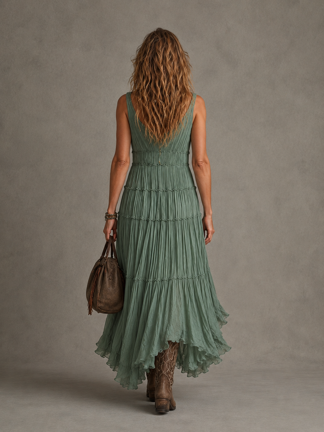 Pleated maxi dress showing elasticated waist detail