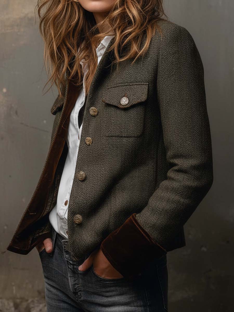 Herringbone Contrast-Trim Blazer