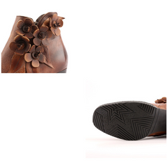 Retro Handmade Floral Leather Solid Color Ankle Boots