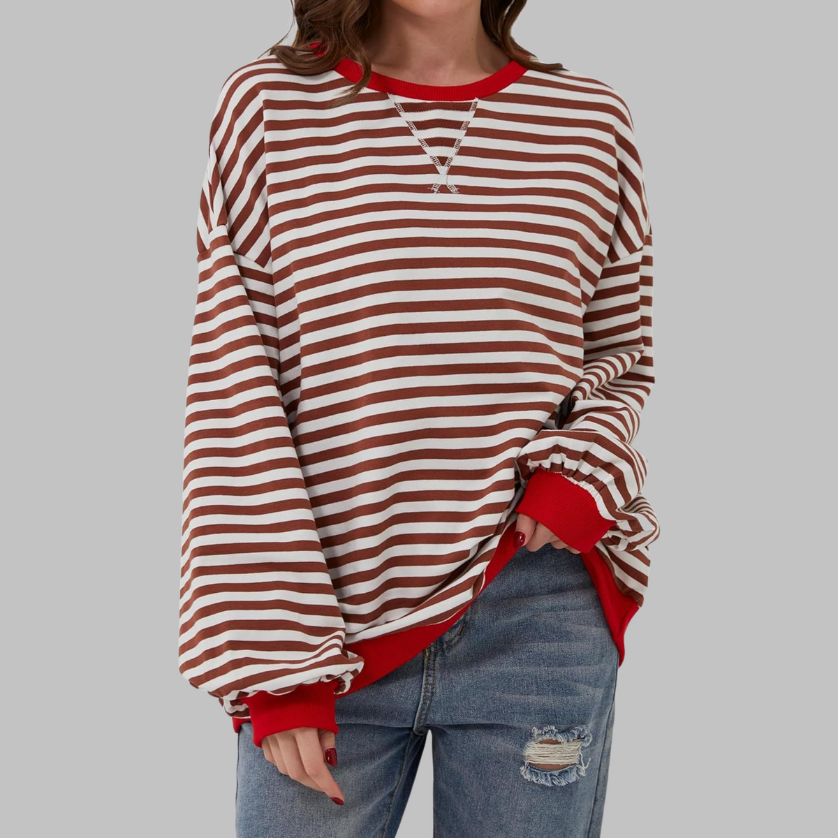 Casual Long Sleeve Round Neck Striped Shirt