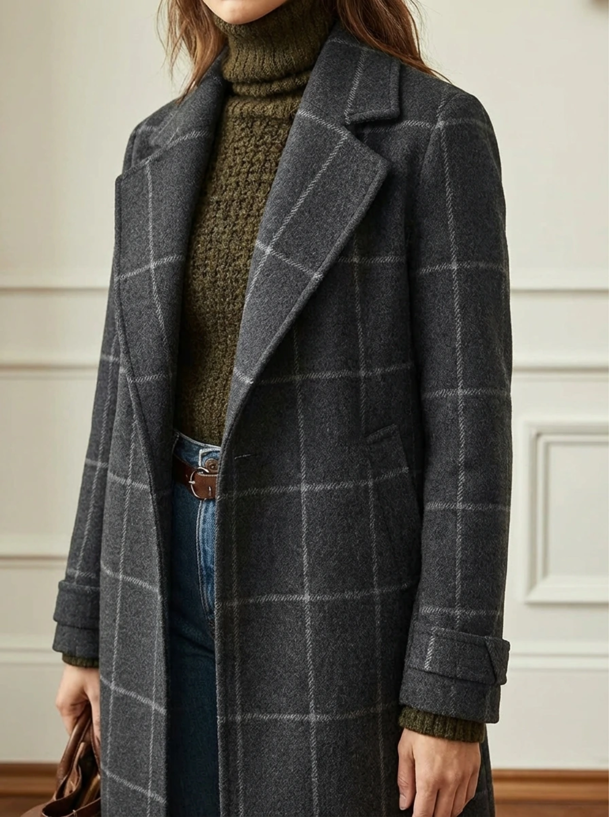 Plaid Wool-Blend Long Coat