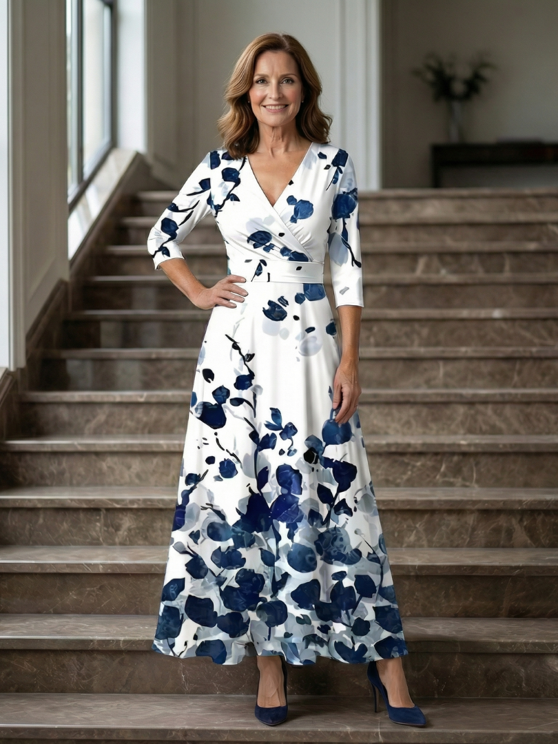 Natalie | Wrap-Neckline Midi Dress with 3/4 Sleeves