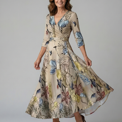 Natalie | Wrap-Neckline Midi Dress with 3/4 Sleeves