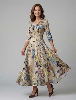 Natalie | Wrap-Neckline Midi Dress with 3/4 Sleeves