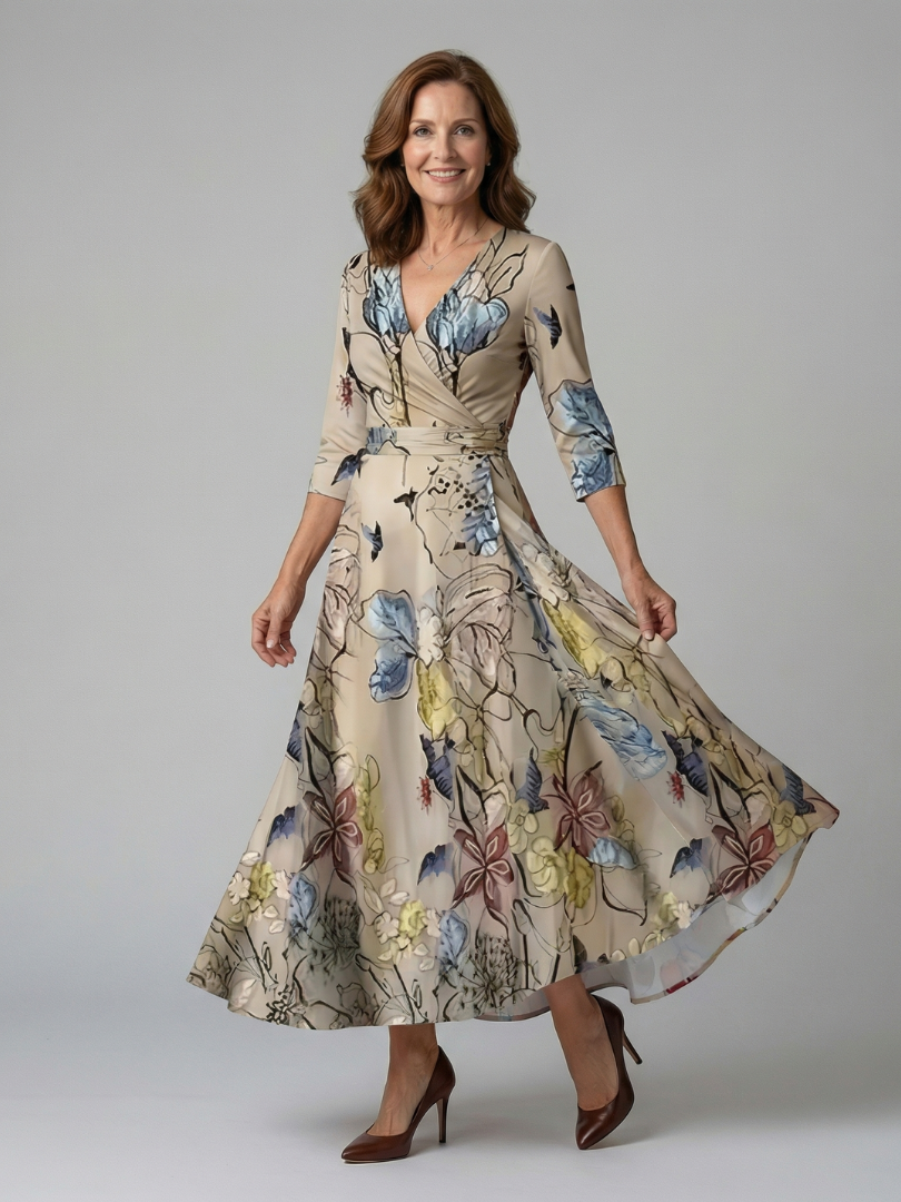 Natalie | Wrap-Neckline Midi Dress with 3/4 Sleeves