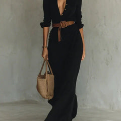 Lapel V-Neck Belted Wrap Maxi Dress for Women