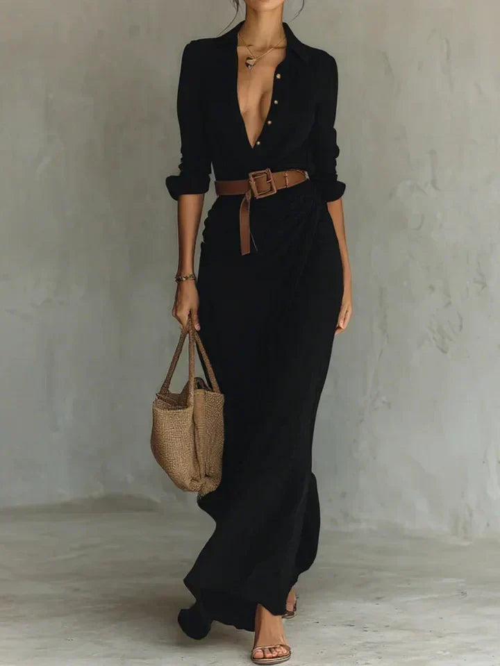 Lapel V-Neck Belted Wrap Maxi Dress for Women
