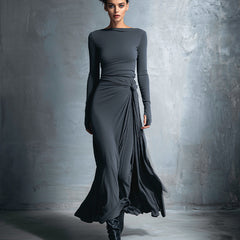 Long-Sleeve Side-Tie Draped Maxi Dress for Women