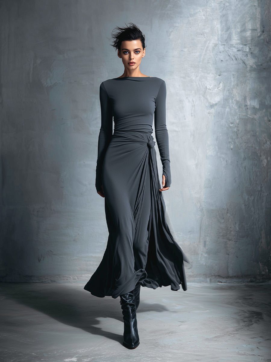 Long-Sleeve Side-Tie Draped Maxi Dress for Women