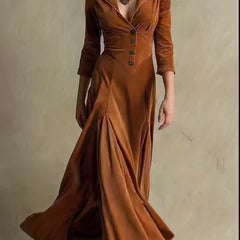 Collared V-Neck Button-Front 7/8-Sleeve Midi Dress for Women