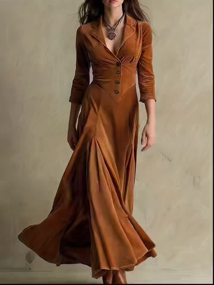 Collared V-Neck Button-Front 7/8-Sleeve Midi Dress for Women