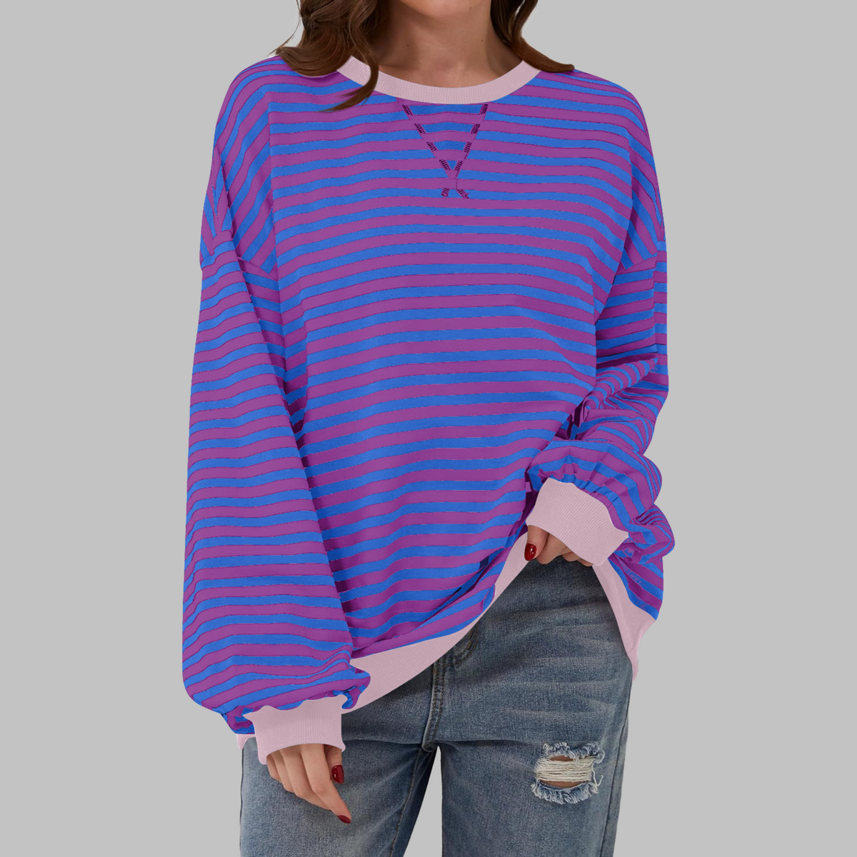 Casual Long Sleeve Round Neck Striped Shirt