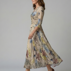 Natalie | Wrap-Neckline Midi Dress with 3/4 Sleeves