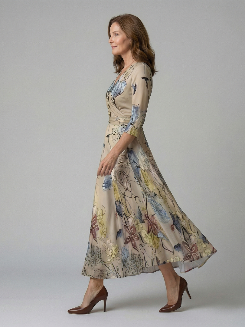 Natalie | Wrap-Neckline Midi Dress with 3/4 Sleeves
