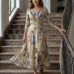 Natalie | Wrap-Neckline Midi Dress with 3/4 Sleeves