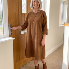 Amy corduroy midi dress in brown, worn with ankle boots