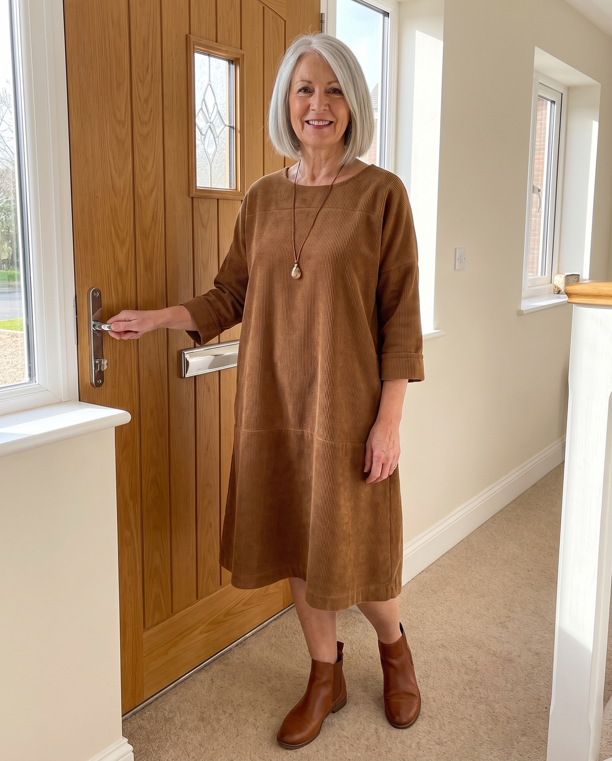 Amy corduroy midi dress in brown, worn with ankle boots