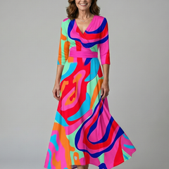 Natalie | Wrap-Neckline Midi Dress with 3/4 Sleeves