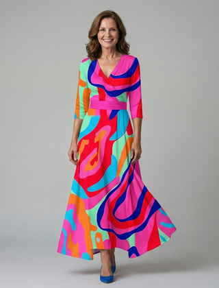 Natalie | Wrap-Neckline Midi Dress with 3/4 Sleeves