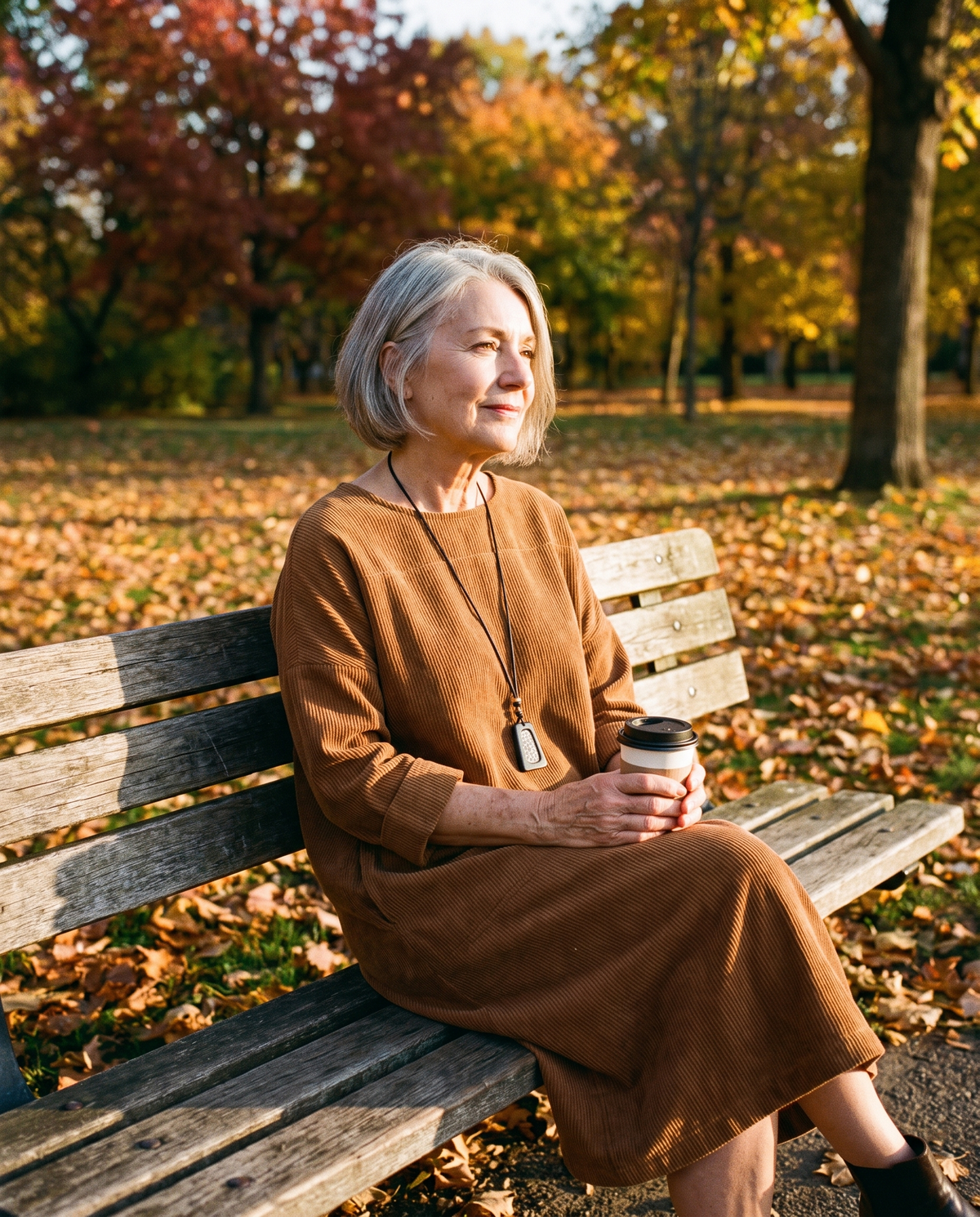 Amy corduroy midi dress in brown on a park bench