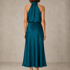 Halter neckline detail on satin evening dress