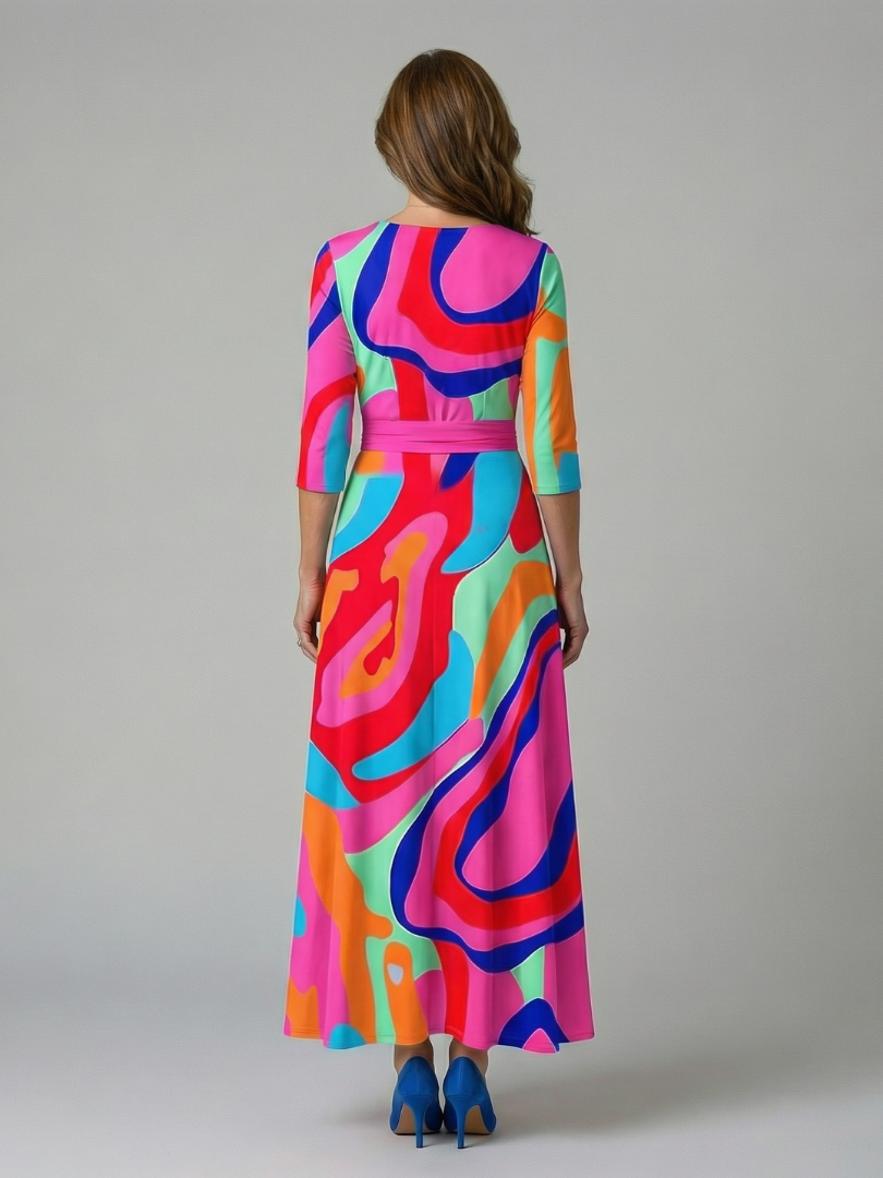 Natalie | Wrap-Neckline Midi Dress with 3/4 Sleeves
