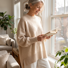 Maris drape sweater in apricot, worn at home