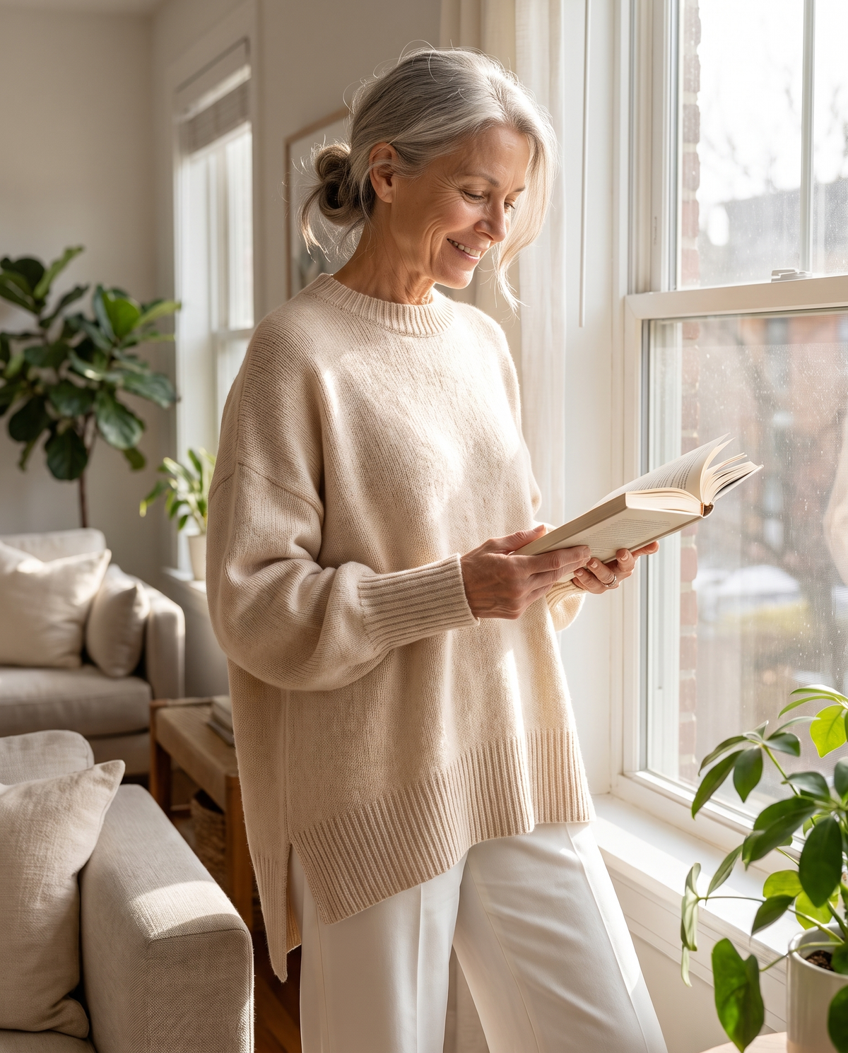 Maris drape sweater in apricot, worn at home