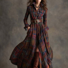 Belted Button-Front Long-Sleeve Maxi Shirt Dress for Women