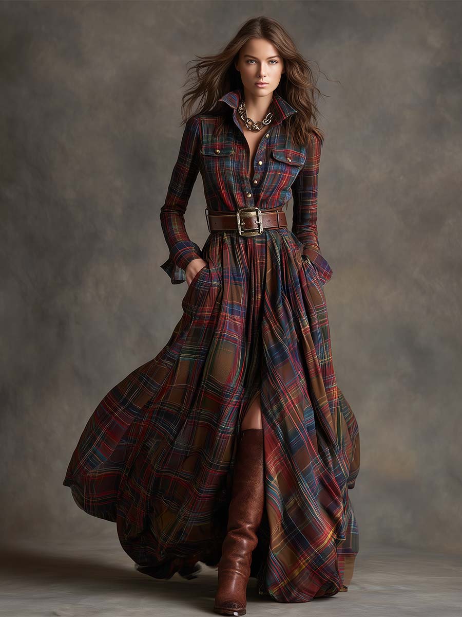 Belted Button-Front Long-Sleeve Maxi Shirt Dress for Women