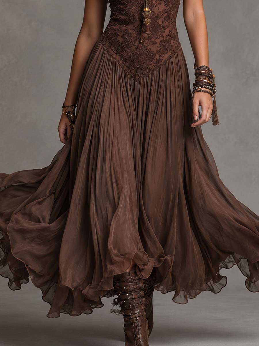 Tiered skirt detail on lace corset maxi dress