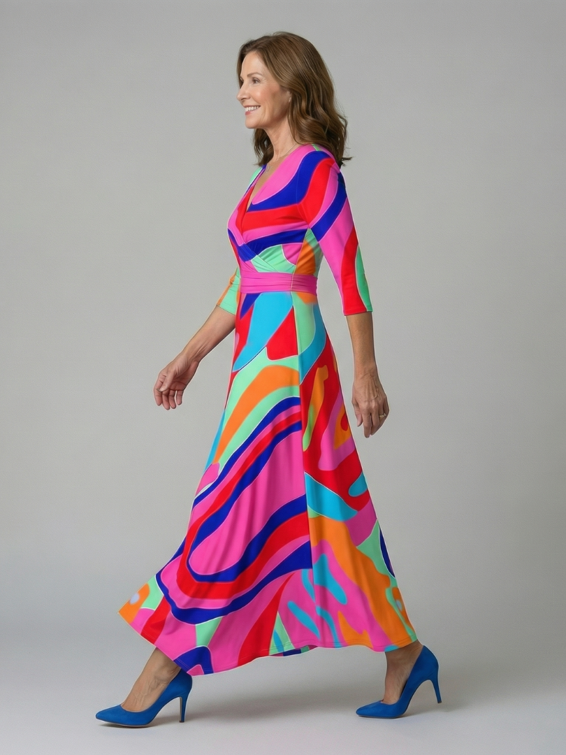 Natalie | Wrap-Neckline Midi Dress with 3/4 Sleeves