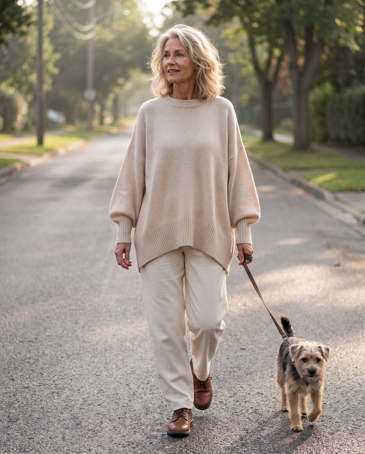 Maris drape sweater in apricot on a morning walk